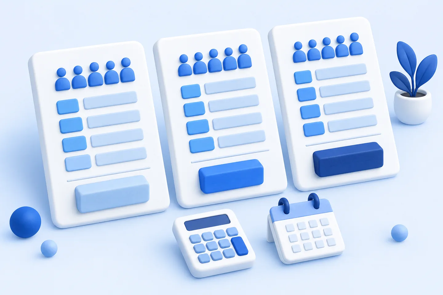 Blue-and-white clay illustration of three HR software quote worksheets with employee symbols and itemized cost blocks, beside a calculator and calendar.